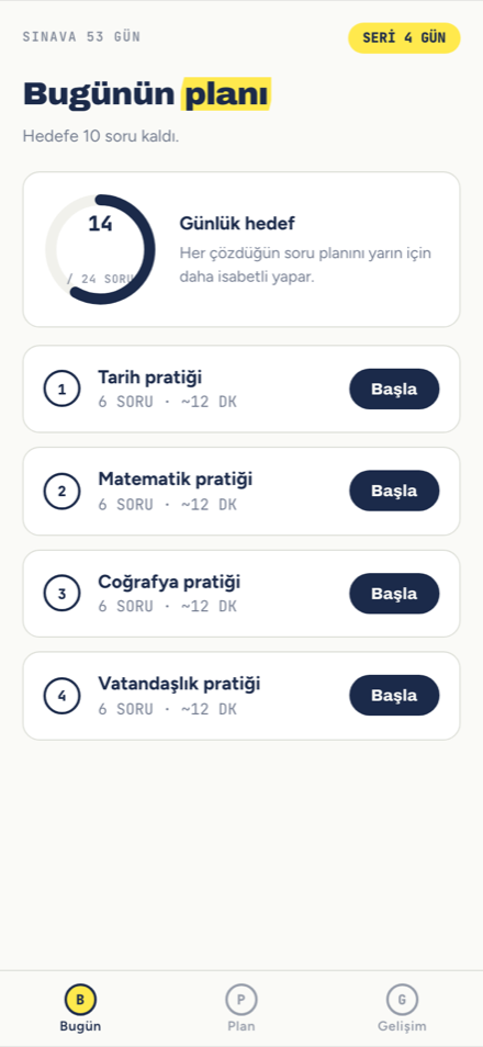 Bugünün planı ekranı: sınav geri sayımı, günlük hedef halkası ve görev listesi
